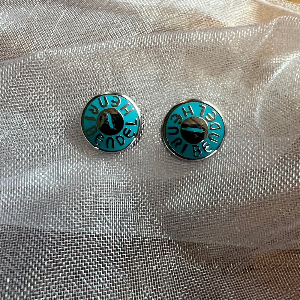 Henri Bendel Tiffany Blue Enamel Logo Earrings